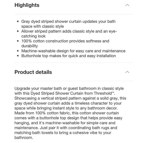 Threshold Tonal Striped Shower Curtain Gray 100% Cotton 72” x 72” Buttonhole NWT - Picture 8 of 9